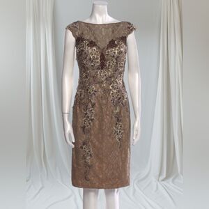 Jovani Tan Cap Sleeve Lace Embellished Dress